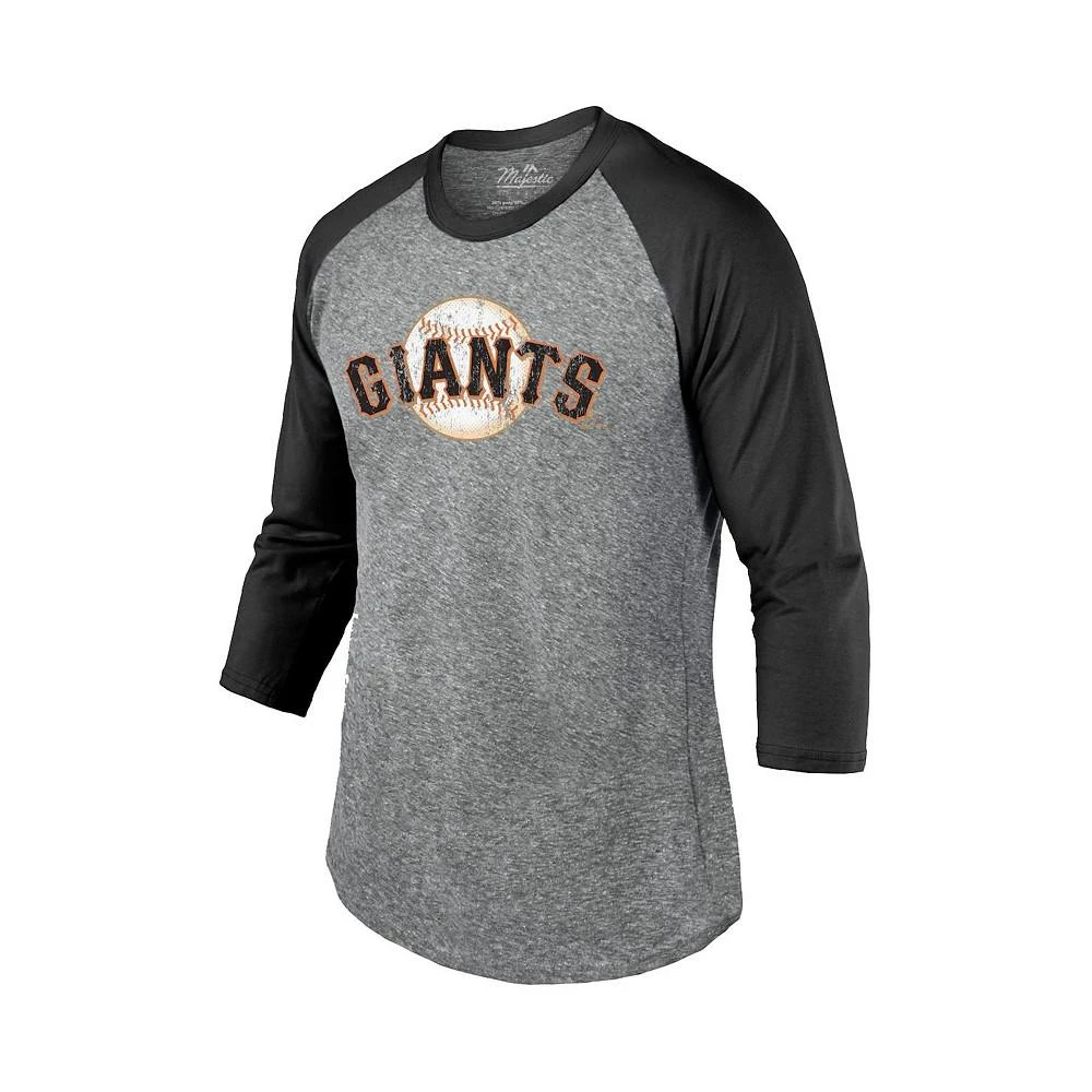 商品Majestic|Men's Threads Heathered Gray, Black San Francisco Giants Current Logo 3/4-Sleeve Raglan Tri-Blend T-shirt,价格¥298,第3张图片详细描述