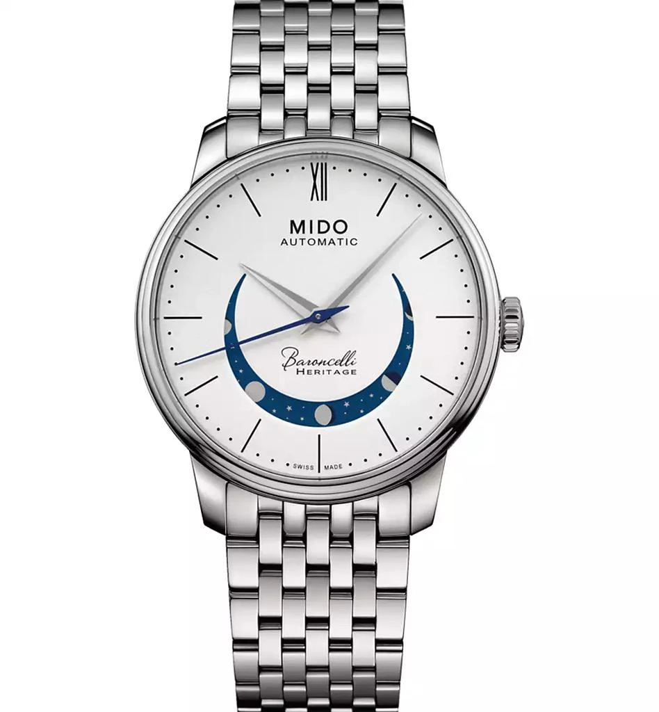 商品MIDO|Men's Swiss Automatic Baroncelli Smiling Moon Stainless Steel Bracelet Watch 39mm,价格¥9120,第1张图片