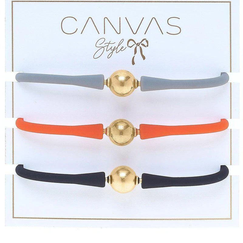 商品Canvas Style|Bali 24K Gold Silicone Bracelet Stack Of 3 In Steel Grey, Orange & Black,价格¥573,第2张图片详细描述