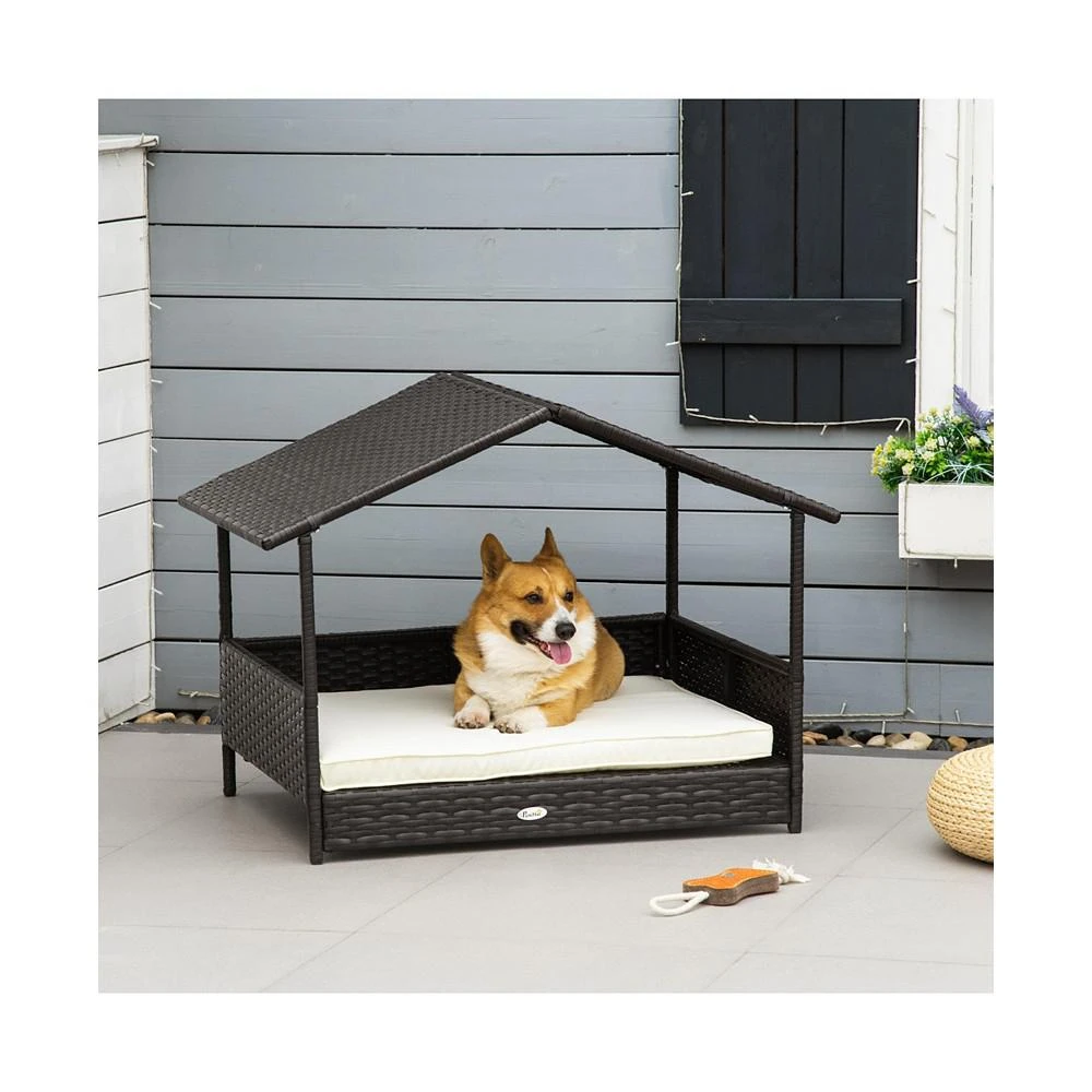 商品PawHut|Elevated Wicker Dog House, Raised Rattan Pet Bed Cabana Canopy, White,价格¥1451,第2张图片详细描述