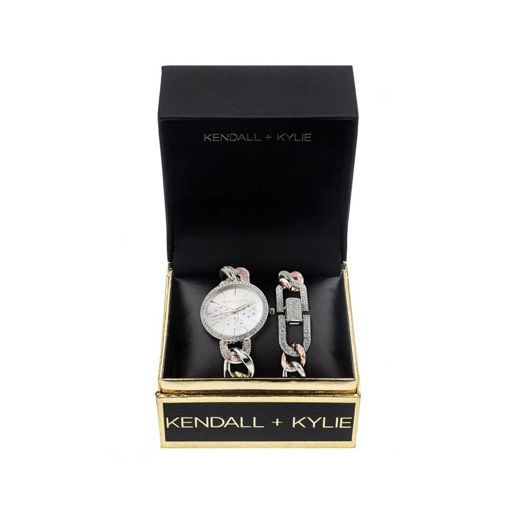 商品KENDALL & KYLIE|Women's Large Open-Link Crystal Embellished Tri Tone Stainless Steel Strap Analog Watch and Bracelet Set,价格¥151,第2张图片详细描述