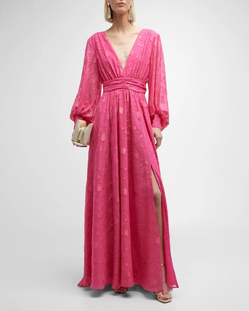 商品One33 Social|Deep V-Neck Balloon-Sleeve Floral Burnout Gown,价格¥899,第1张图片