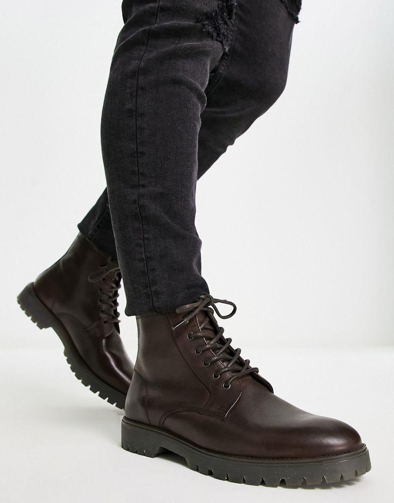 ASOS DESIGN lace up boots in brown leather with chunky sole商品第2张图片规格展示