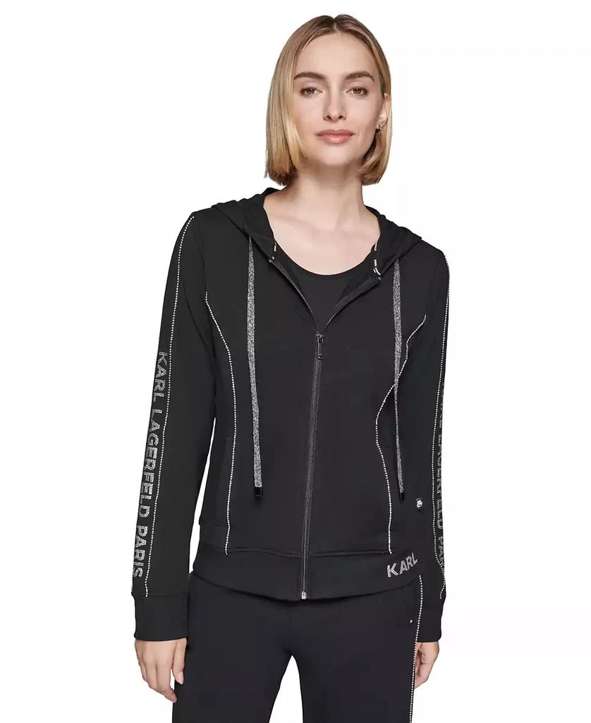 商品Karl Lagerfeld Paris|Women's Embellished Logo Zip Up Hoodie, Regular & Petite,价格¥414,第1张图片