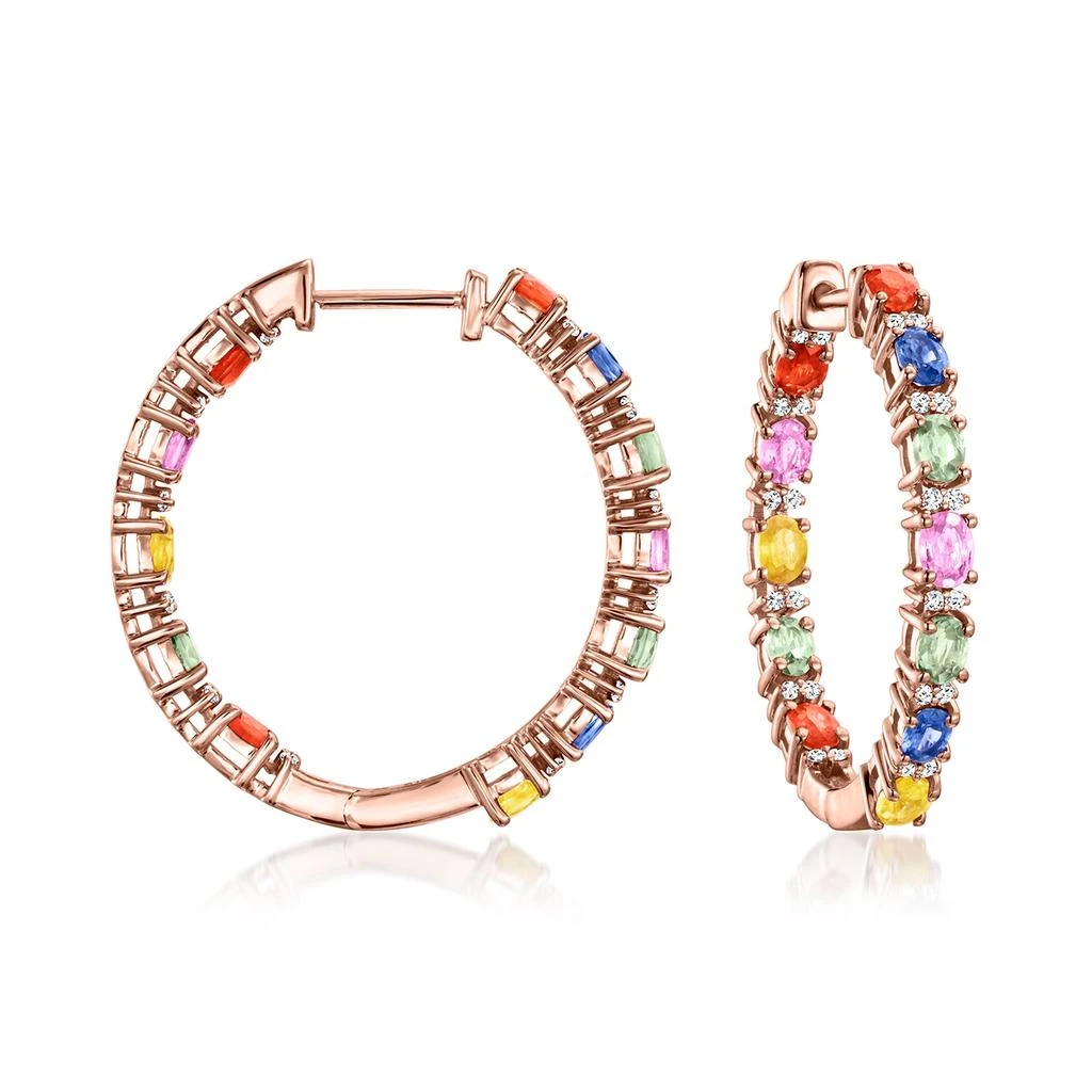 商品Ross-Simons|Multicolored Sapphire Inside-Outside Hoop Earrings With . White Zircon in 18kt Rose Gold Over Sterling,价格¥3012,第1张图片