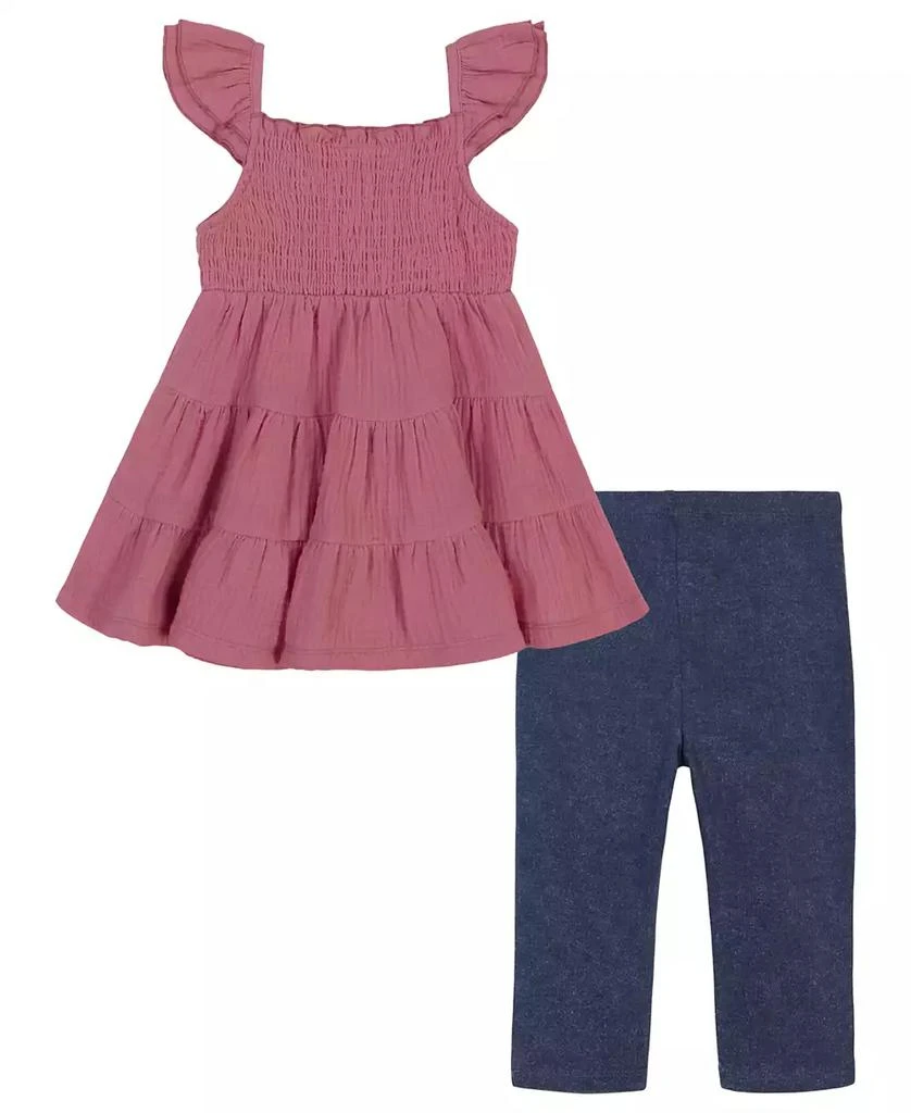 商品Calvin Klein|Little Girls Smocked Tiered Gauze Tunic and Stretch Capri Leggings, 2 Piece Set,价格¥165,第2张图片详细描述