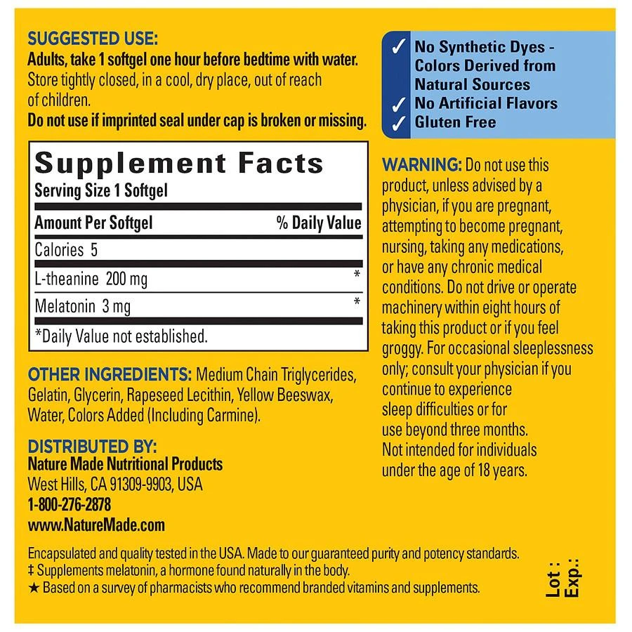 商品Nature Made|Melatonin 3 mg with L-Theanine 200 mg Softgels,价格¥119,第4张图片详细描述