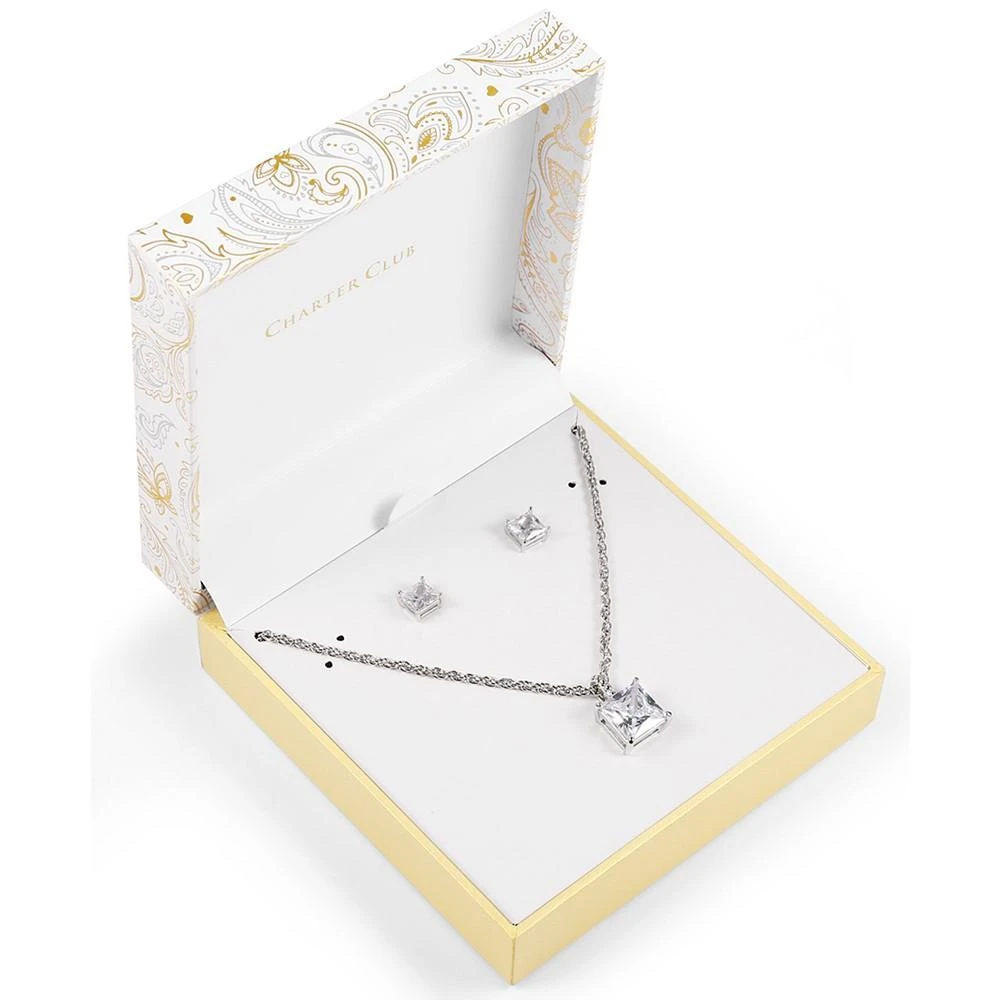 商品Charter Club|Silver-Tone Square Crystal Pendant Necklace & Stud Earrings Set, Created for Macy's,价格¥67,第3张图片详细描述