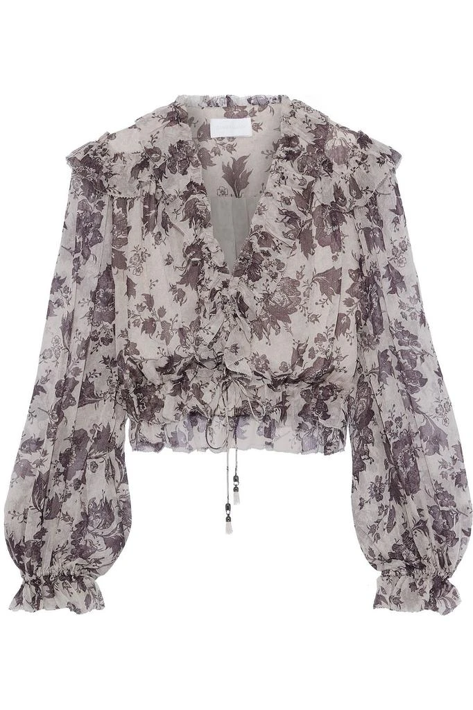 商品Zimmermann|Juno Tie lace-up ruffled floral-print silk-georgette blouse,价格¥1785,第1张图片