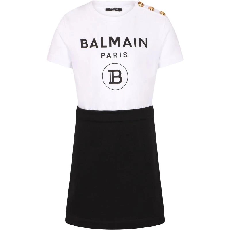 商品Balmain|Golden buttons detailing combined logo dress in white and black,价格¥3573,第1张图片