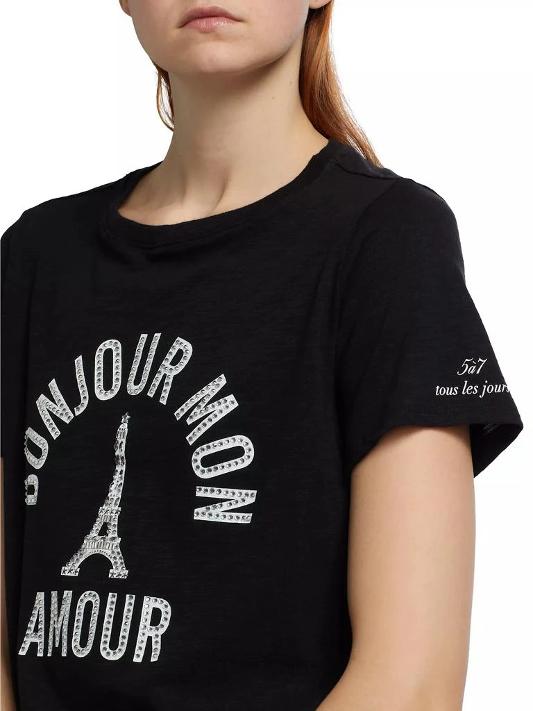 'Bonjour Mon Amour' Embellished Eiffel Tower Cotton T-Shirt 商品