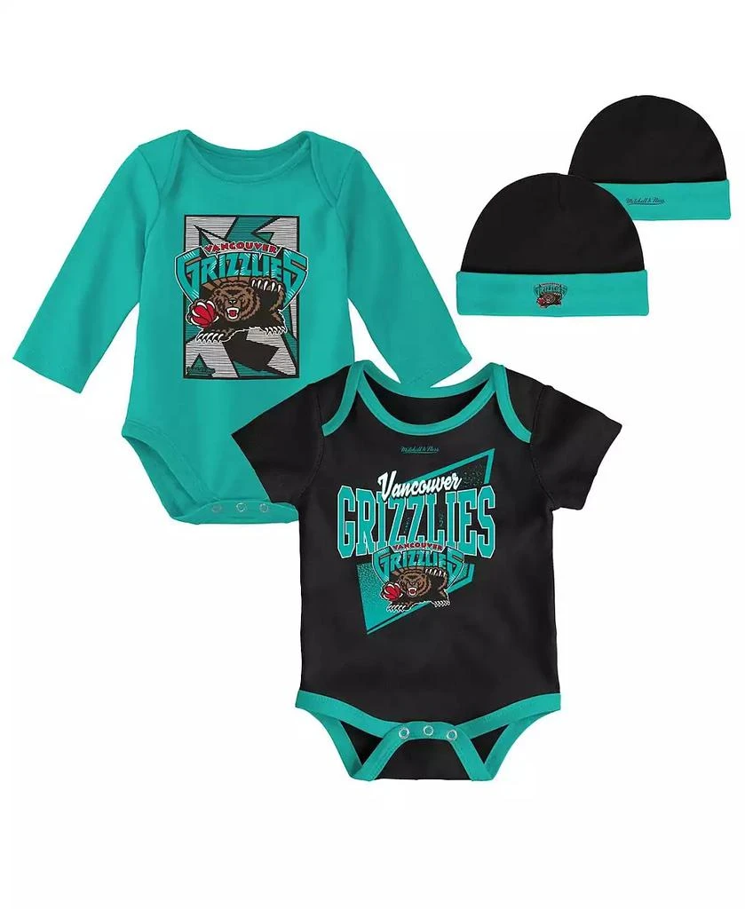 商品Mitchell & Ness|Newborn and Infant Boys and Girls Black, Turquoise Vancouver Grizzlies 3-Piece Hardwood Classics Bodysuits and Cuffed Knit Hat Set,价格¥299,第1张图片