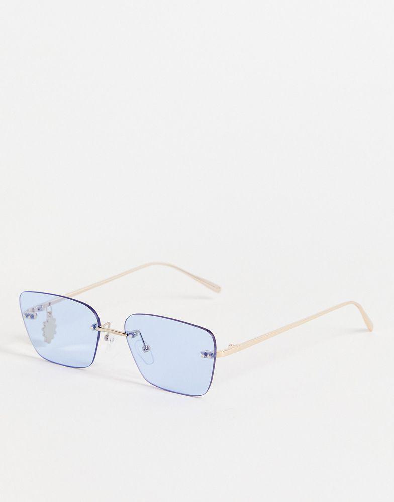 ASOS DESIGN rimless rectangle sunglasses with flower charm in blue商品第1张图片规格展示