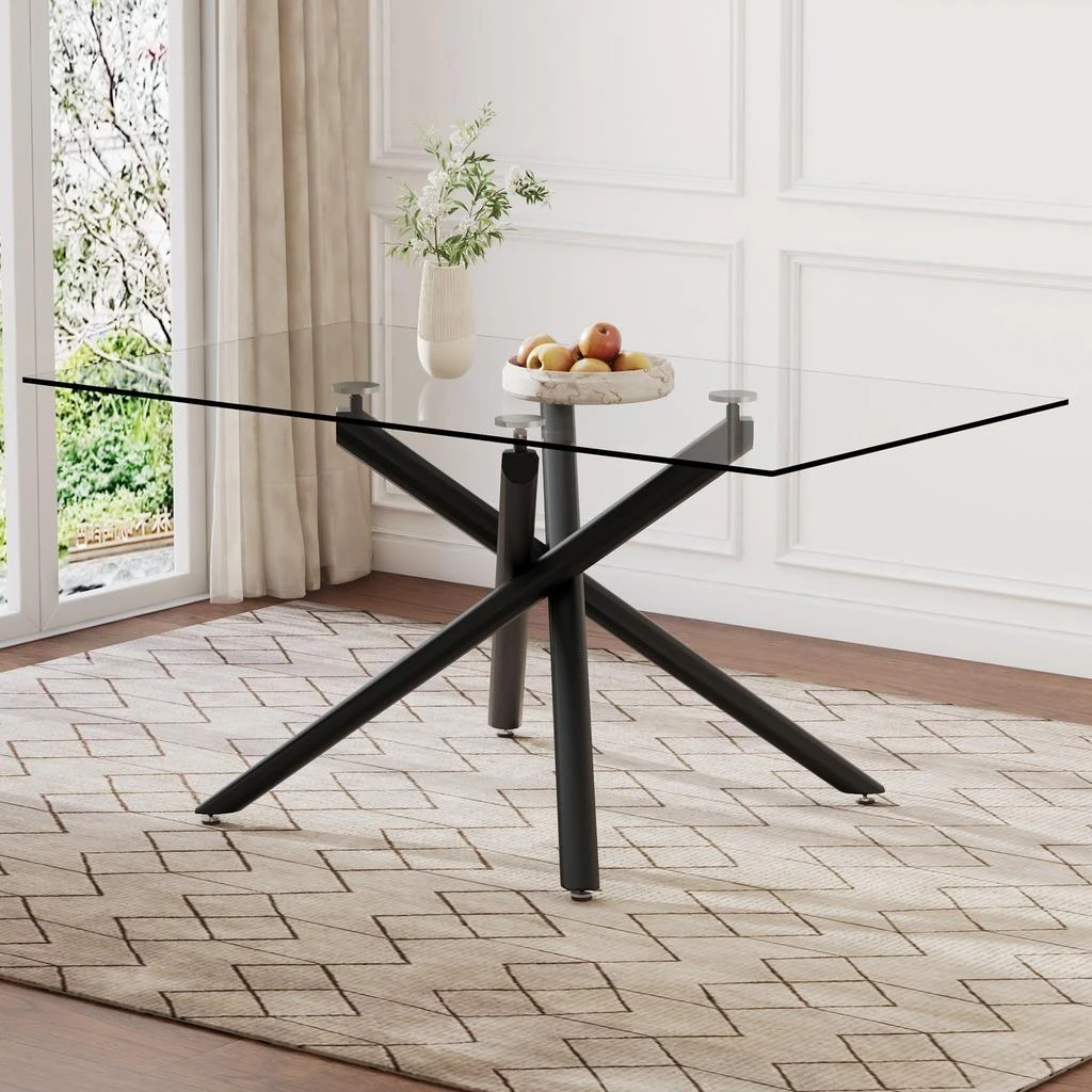 商品Simplie Fun|Simplie Fun Modern Rectangular Glass Dining Table with Black Metal Legs,价格¥4915,第2张图片详细描述