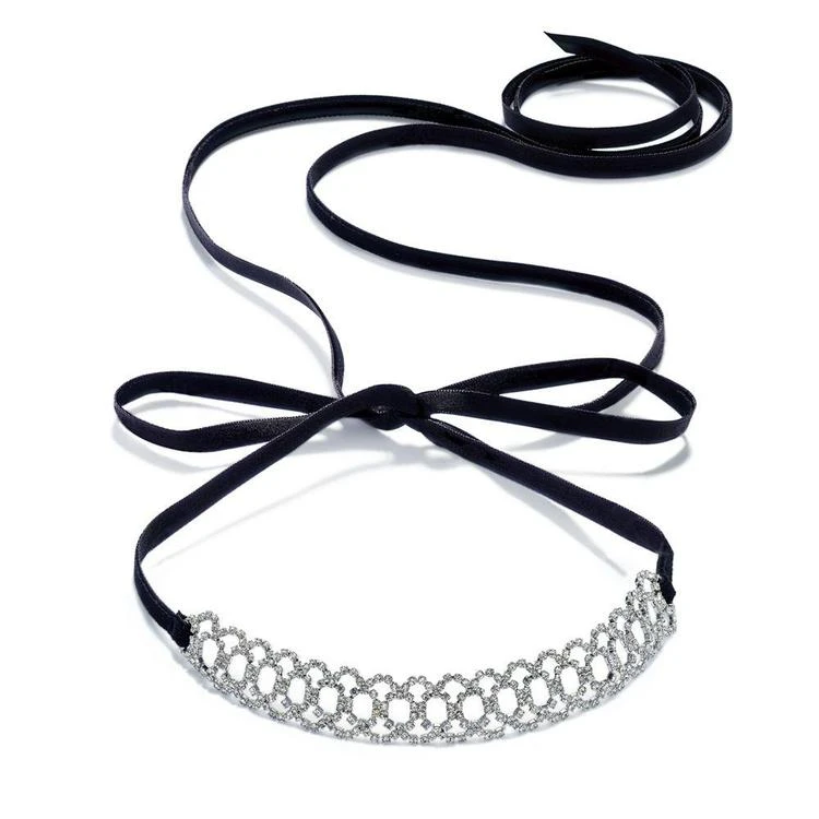 商品INC International|I.N.C. Silver-Tone Crystal Pavé Scalloped Black Ribbon Choker Necklace, Created for Macy's,价格¥115,第1张图片