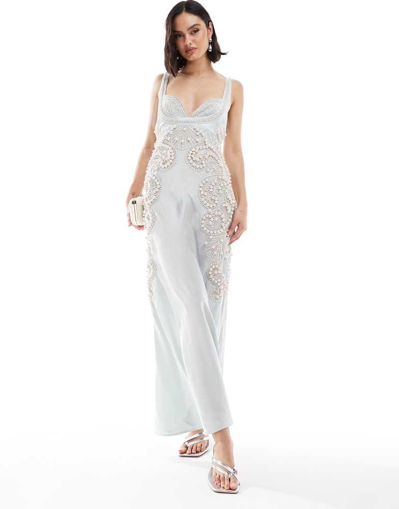asos design pearl embellished satin maxi dress ASOS Design - Pearl Embellished Maxi Dress - Women - Polyester/Spandex - 10 US