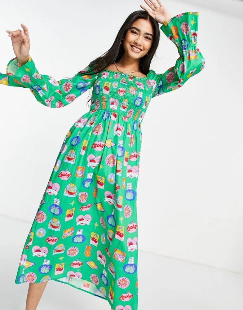 商品Never Fully Dressed|Never Fully Dressed Fruit Sticker shirred midi dress in green,价格¥361,第4张图片详细描述