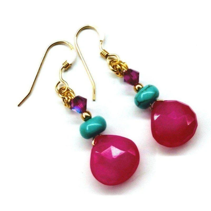 商品Alexa Martha Designs|14 KT Gold Filled Wire Wrapped Pink And Turquoise Drop Gemstone Earrings,价格¥318,第2张图片详细描述