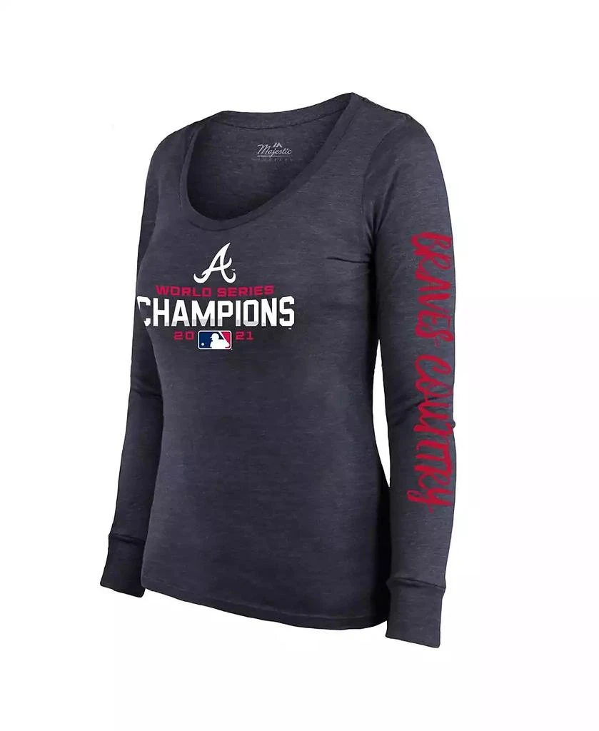 商品Majestic|Women's Threads Navy Atlanta Braves 2021 World Series Champions Two-Hit Tri-Blend Long Sleeve Scoop Neck T-shirt,价格¥286,第3张图片详细描述