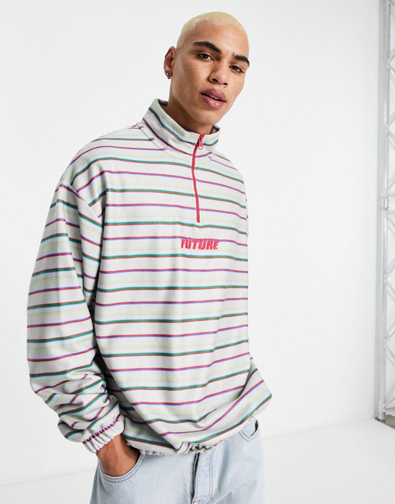 ASOS DESIGN oversized half zip fleece festival sweatshirt in stripe with chest print商品第1张图片规格展示