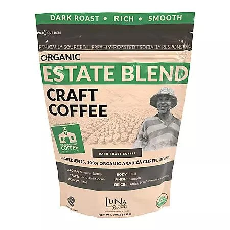 商品Luna Roasters|Luna Roasters Organic Estate Blend Craft Whole Bean Coffee, Dark Roast 30 oz.,价格¥148,第1张图片