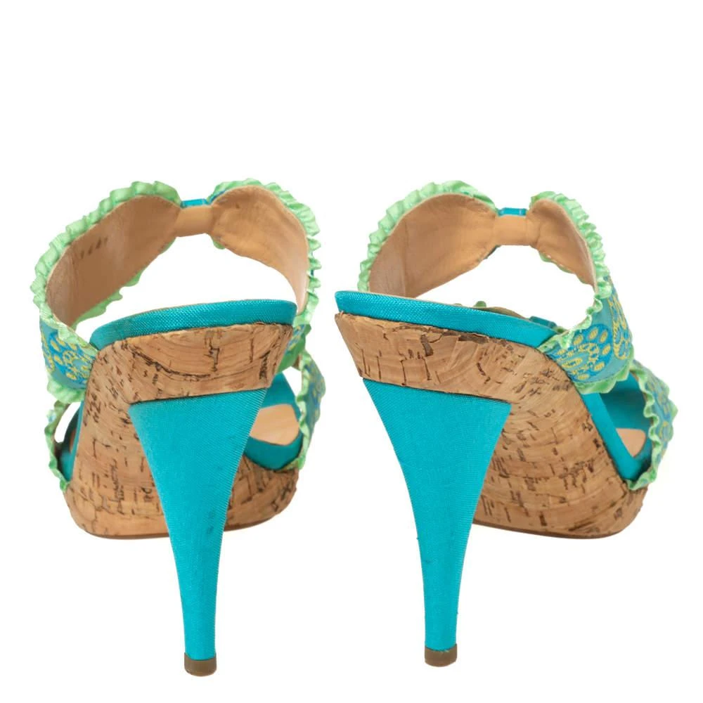 商品[二手商品] Sergio Rossi|Sergio Rossi Blue/Green Embroidered Fabric and Pleated Trim Double Bow Slide Sandals Size 41 ,价格¥2732,第5张图片详细描述