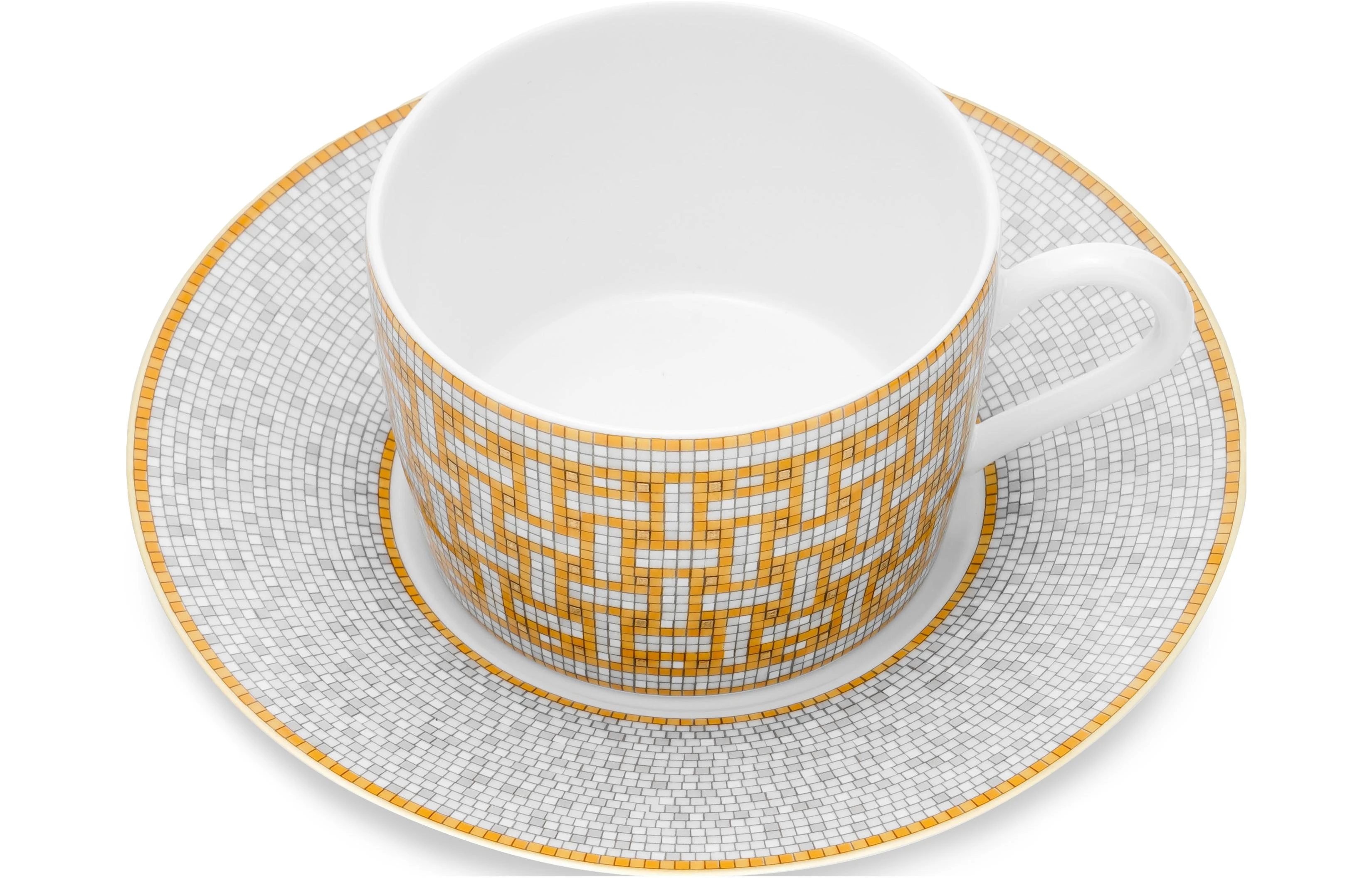 商品[国内直发] Hermes|爱马仕 “24金色马赛克”实用茶杯与杯碟X2 陶瓷  咖啡杯 礼盒套装马克杯 160ml 黄色,价格¥3581,第3张图片详细描述