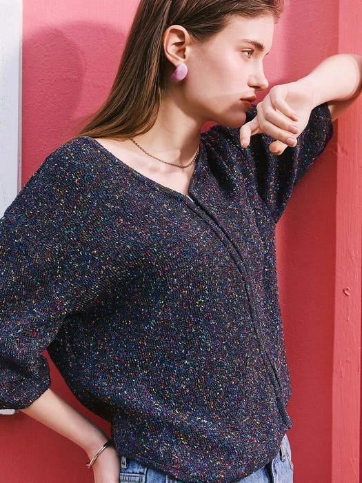 商品DEKAVV|Unbalance Zip-up Knit Top_Navy,价格¥759,第1张图片