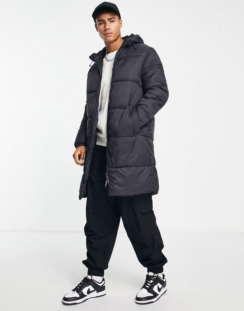 商品Jack & Jones|Jack & Jones Essentials longline puffer coat with hood in black with double zip,价格¥609,第6张图片详细描述