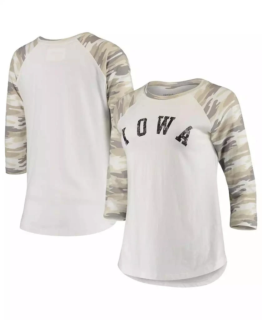 商品Camp David|Women's White and Camo Iowa Hawkeyes Boyfriend Baseball Raglan 3/4-Sleeve T-shirt,价格¥301,第1张图片