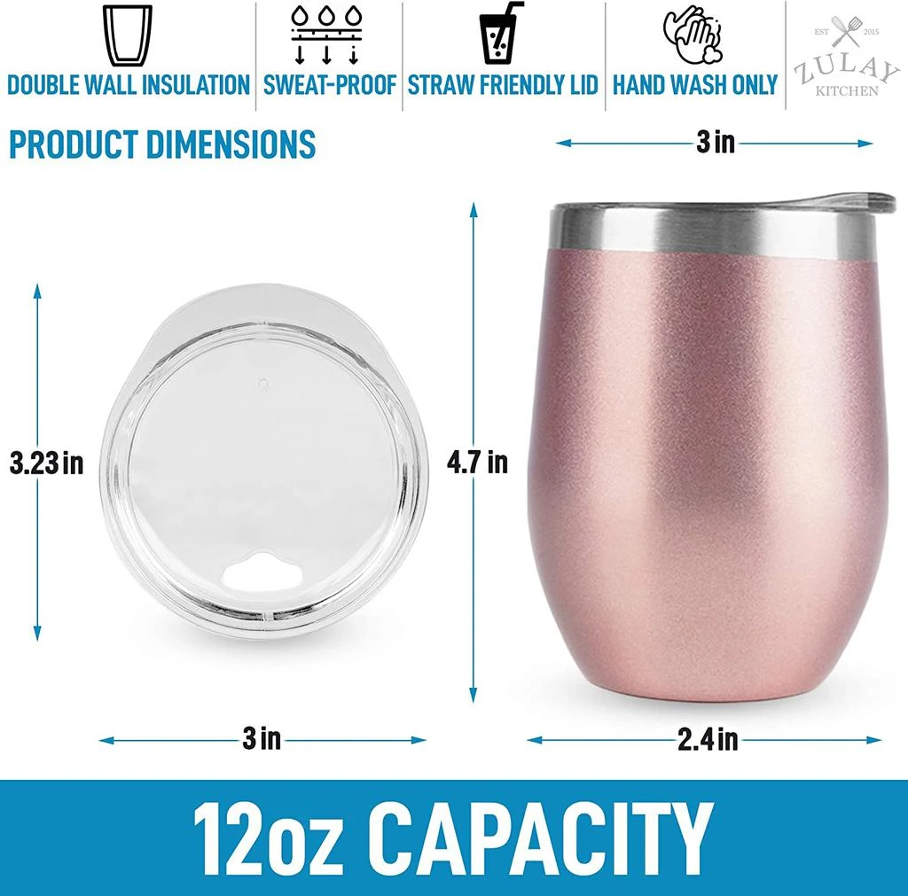 商品Zulay Kitchen|12oz Stemless Stainless Steel Wine Tumblers With Lids,价格¥171,第3张图片详细描述