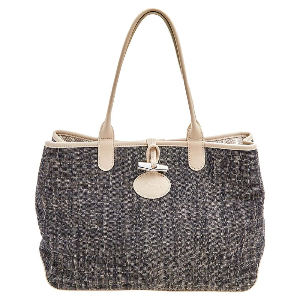 商品[二手商品] Longchamp|Longchamp Off White/Navy Blue Fabric And Leather Roseau Tote,价格¥813,第1张图片