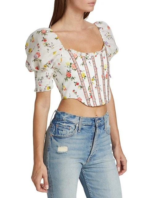 商品Alice + Olivia|Audie Floral Puff-Sleeve Corset Top,价格¥797,第4张图片详细描述