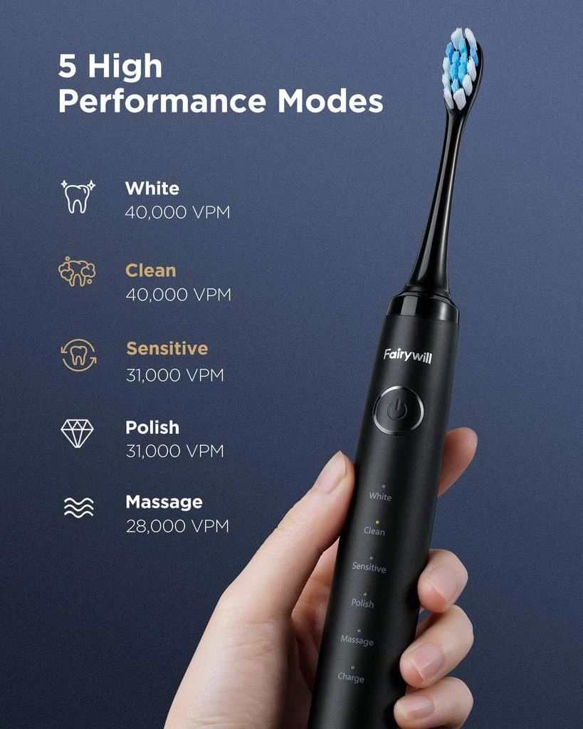 商品Fairywill|Electric Toothbrush for Adults, Fairywill PRO P10 Quieter Ultrasonic Whitening Toothbrush, USB Rechargeable with 5 Modes, Smart Timer, IPX7 waterproof, 4 Brush Heads & 2 Tongue scraper & 1 Travel Case,价格¥263,第4张图片详细描述