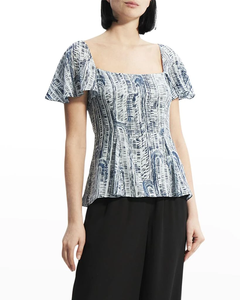 商品Theory|Short-Sleeve Godet Printed Silk Top,价格¥828,第3张图片详细描述