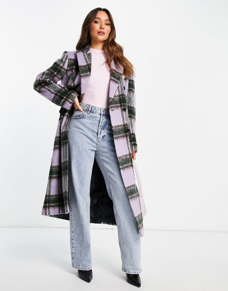 Topshop lilac check double breasted long coat in lilac商品第1张图片规格展示