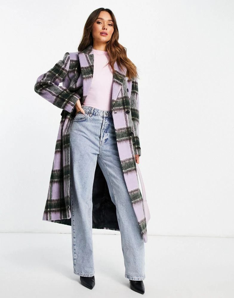 商品Topshop|Topshop lilac check double breasted long coat in lilac,价格¥945,第1张图片