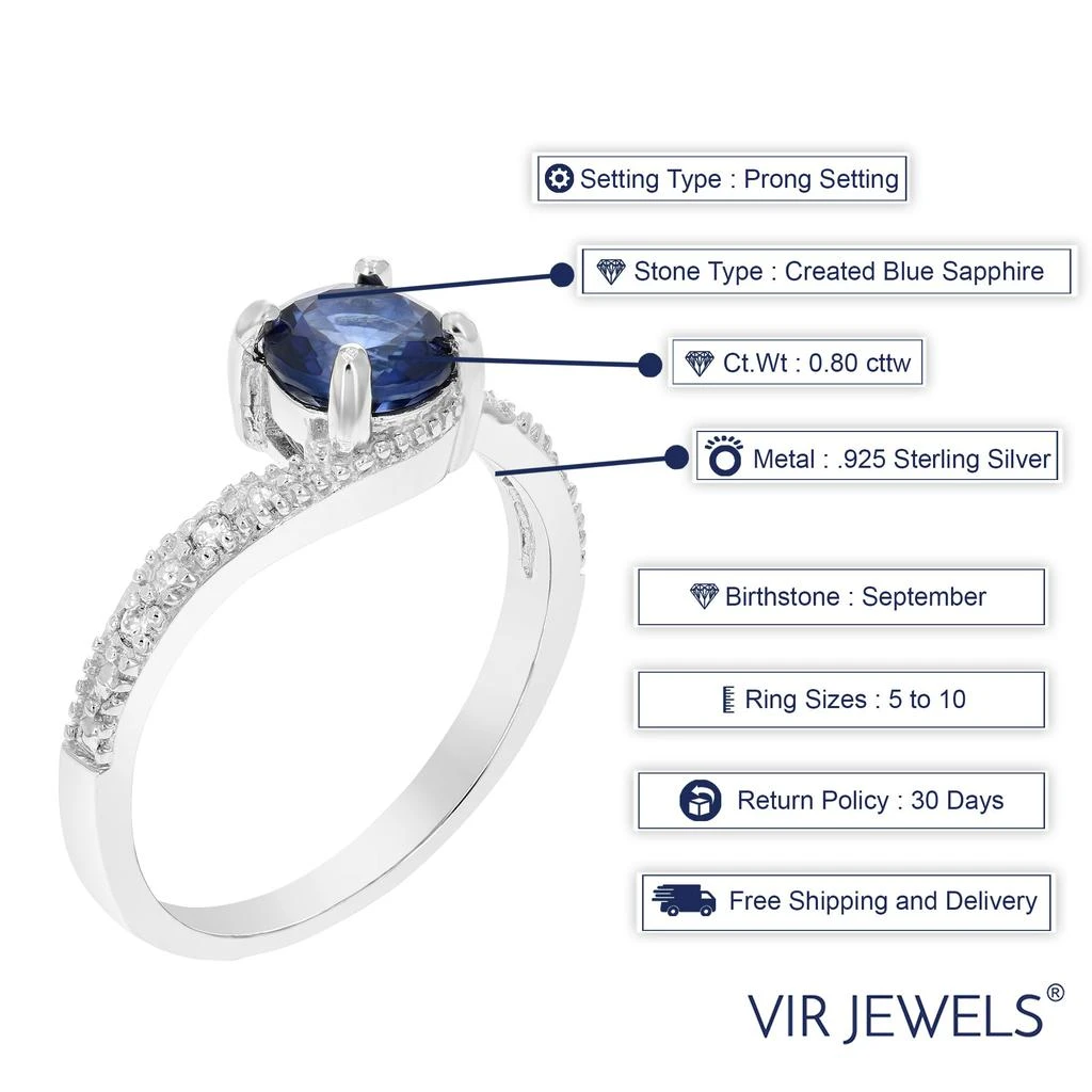 商品Vir Jewels|0.80 cttw Created Blue Sapphire Ring .925 Sterling Silver Rhodium Round 6 MM,价格¥477,第3张图片详细描述