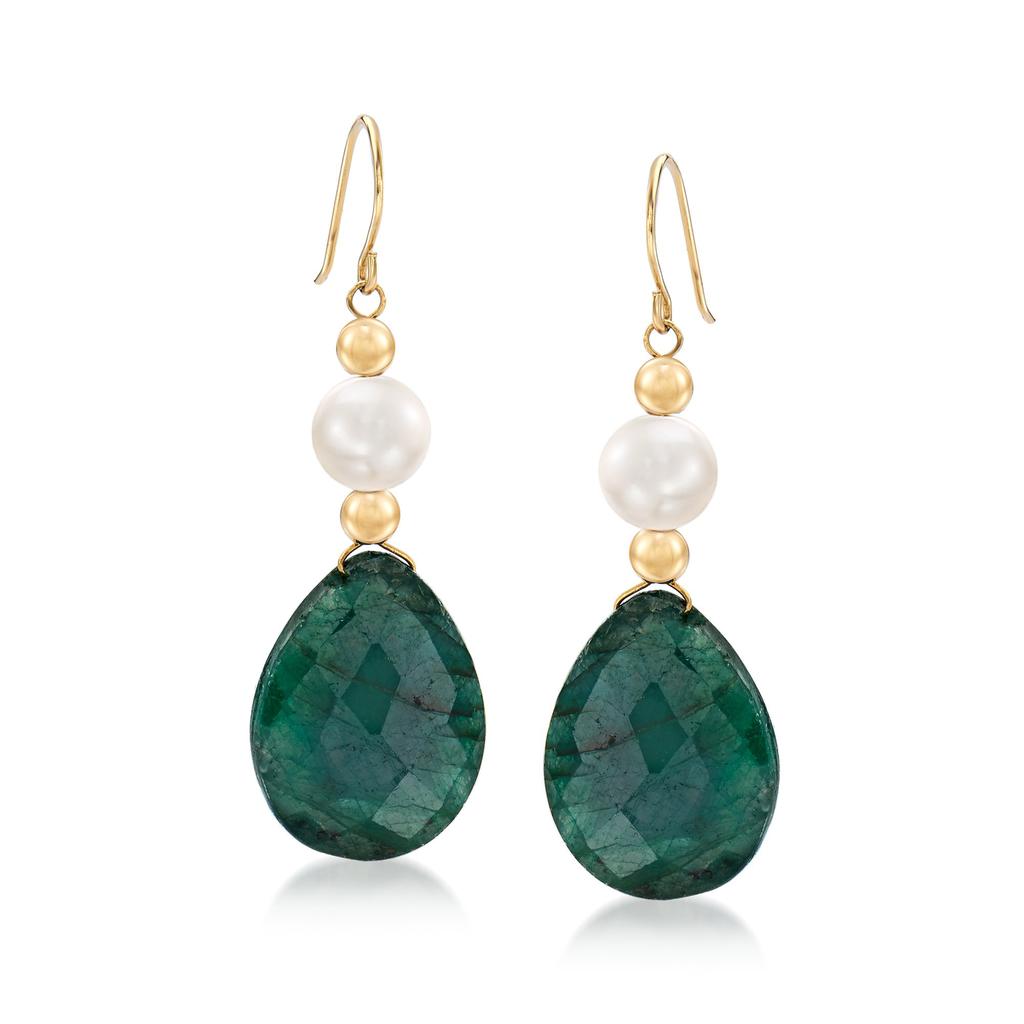 Ross-Simons Cultured Pearl and Emerald Drop Earrings in 14kt Yellow Gold商品第1张图片规格展示