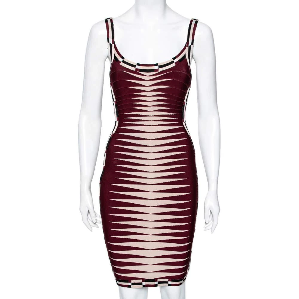 商品[二手商品] Herve Leger|Herve Leger Maroon & Cream Patterned Stretch Knit Karlie Short Dress XS,价格¥1219,第1张图片