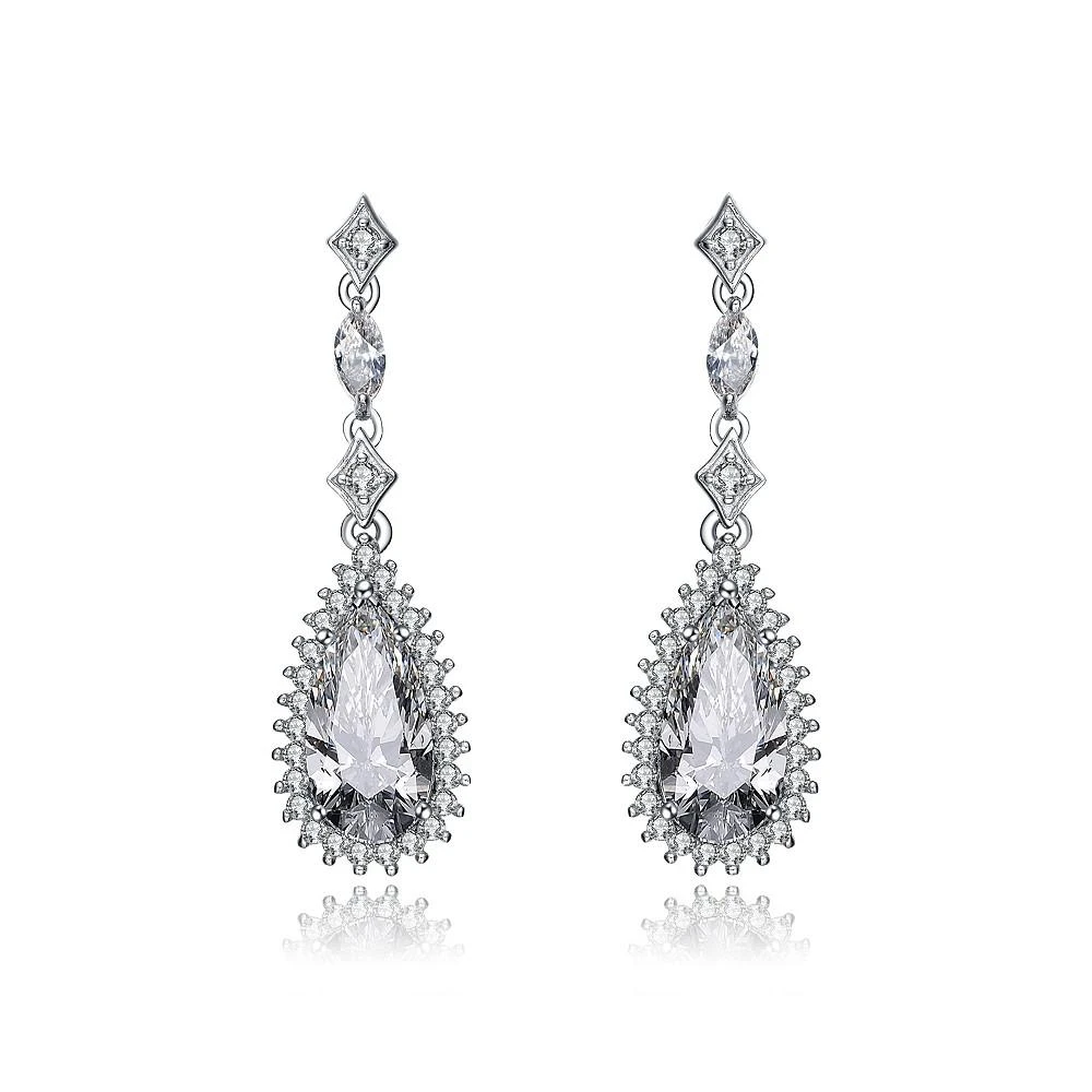 商品Genevive|Sterling Silver White gold Plated Pear Drop Cubic Zirconia with Halo Burst Earrings,价格¥804,第1张图片