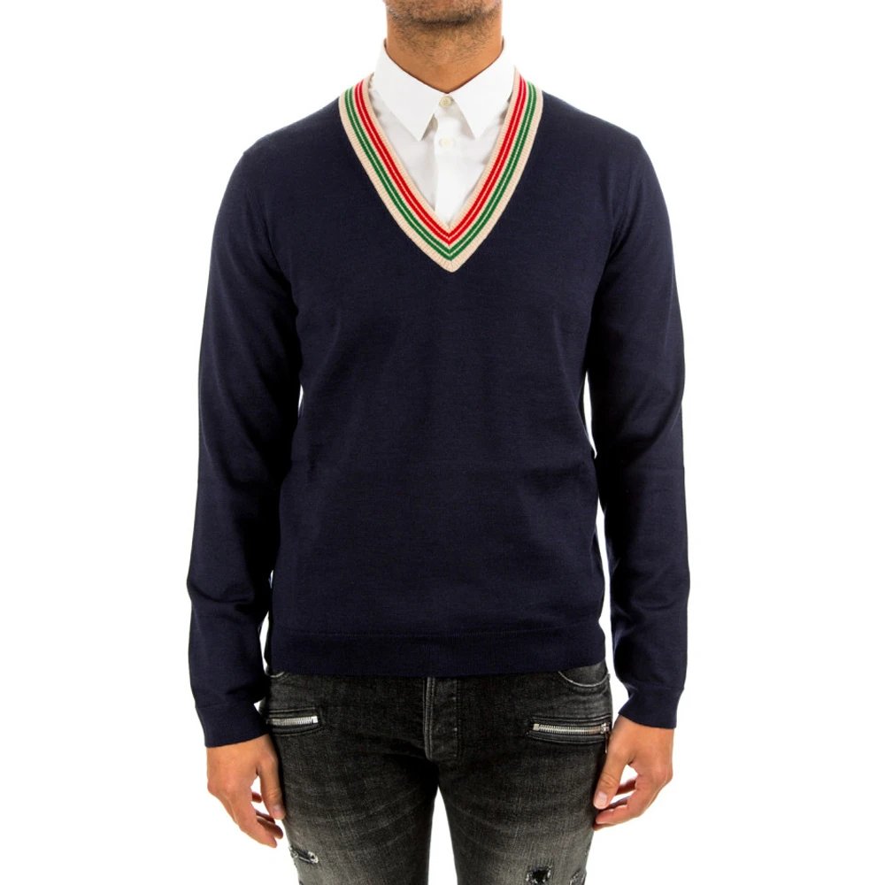 商品[国内直发] Gucci|GUCCI 男士深蓝色羊毛彩色条纹细节领口V领针织衫 599917-XKA5C-4437,价格¥5053,第1张图片