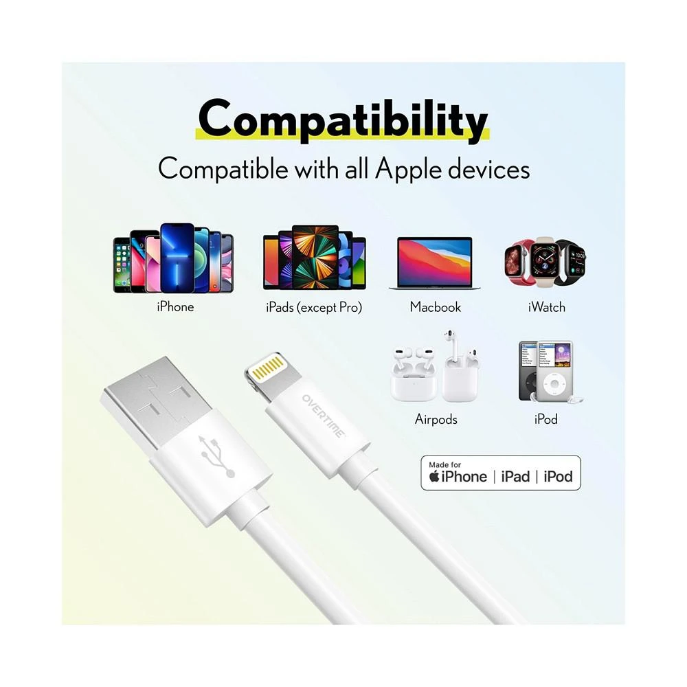 商品Overtime|Apple MFi Certified iPhone 11/XR/SE/10/8 10ft Charging Cable | USB to Lightning Cable for iPhone - White,价格¥119,第2张图片详细描述