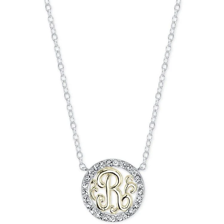 商品Unwritten|Initial "R" Pendant Necklace with Crystal Pavé Circle in Sterling Silver and Gold Flash,价格¥150,第2张图片详细描述