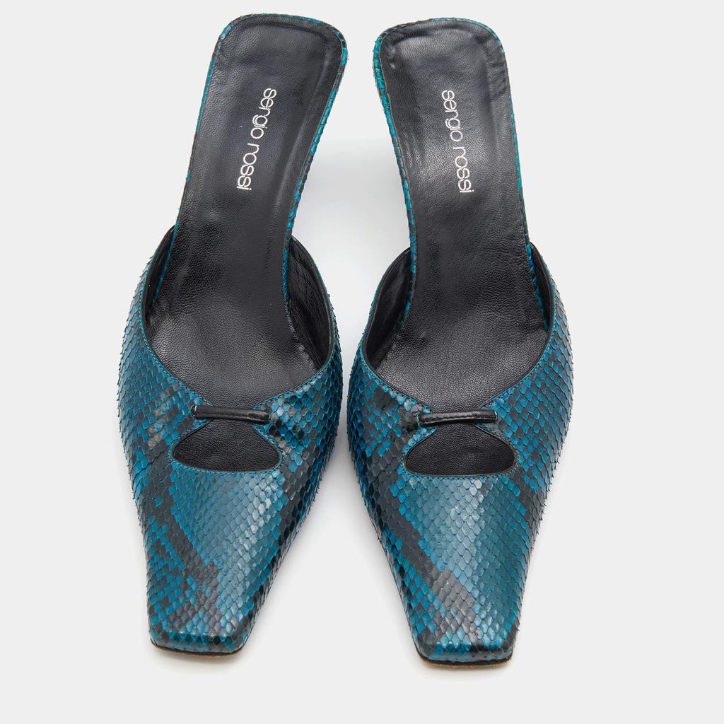 Sergio Rossi Blue/Black Python Leather Kitten Heel Mules Size 37商品第3张图片规格展示