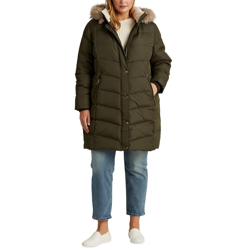 Women's Plus Size Faux-Fur-Trim Hooded Down Puffer Coat, Created for Macy's商品第4张图片规格展示