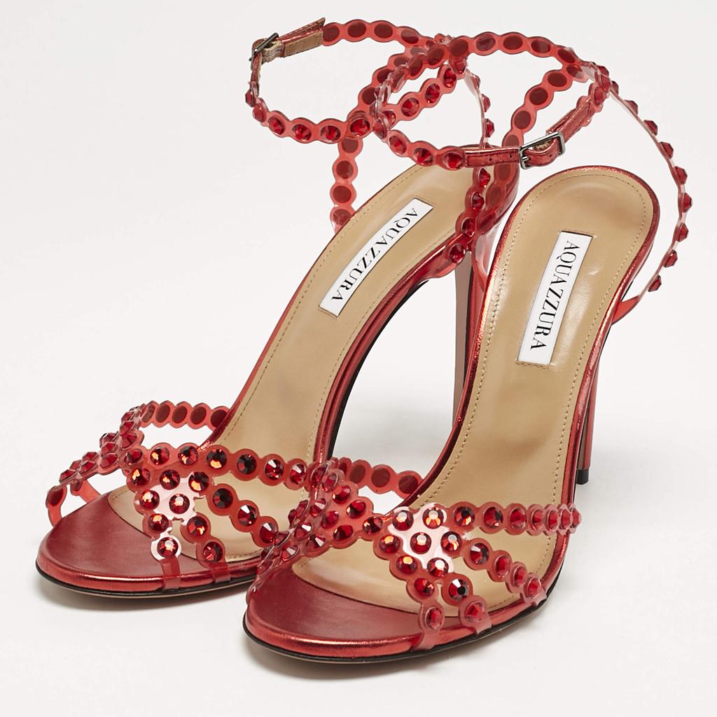 Shop Aquazzura Red PVC Crystal Embellished Tequila Sandals