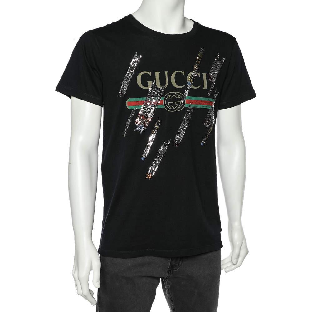 Gucci Black Shooting Stars Embellished Cotton T-Shirt S商品第2张图片规格展示