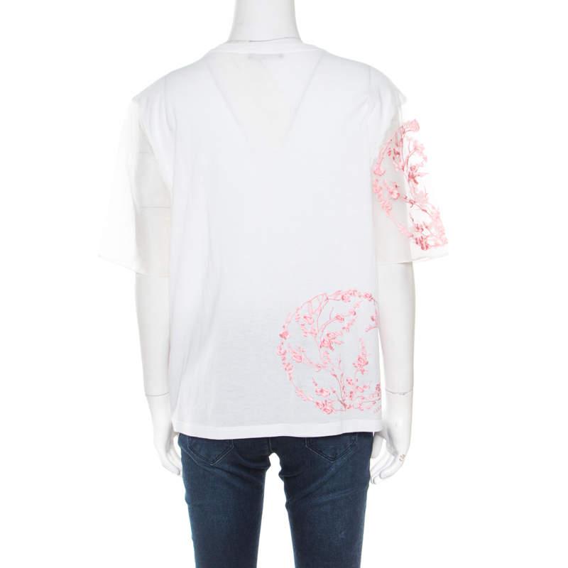 Alexander McQueen White Cotton Floral Embroidered Silk Sleeve Detail Oversized T-Shirt S商品第3张图片规格展示