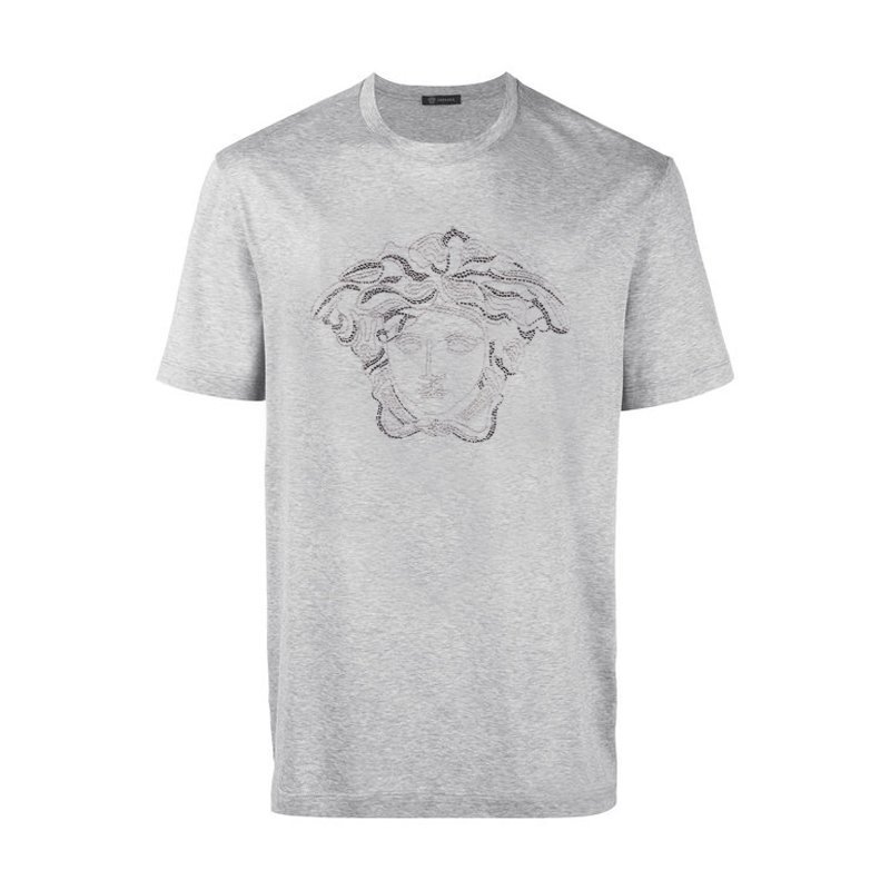 商品Versace|VERSACE 男士灰色棉质金线镶钻美杜莎印花圆领短袖T恤 A77205-A201952-A809,价格¥2314,第1张图片